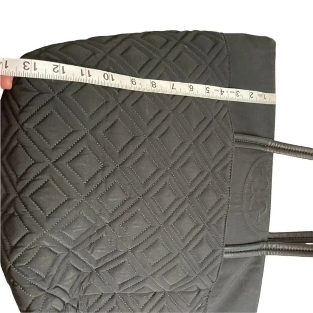 Tory Burch black nylon leather quilted zipper tote bag